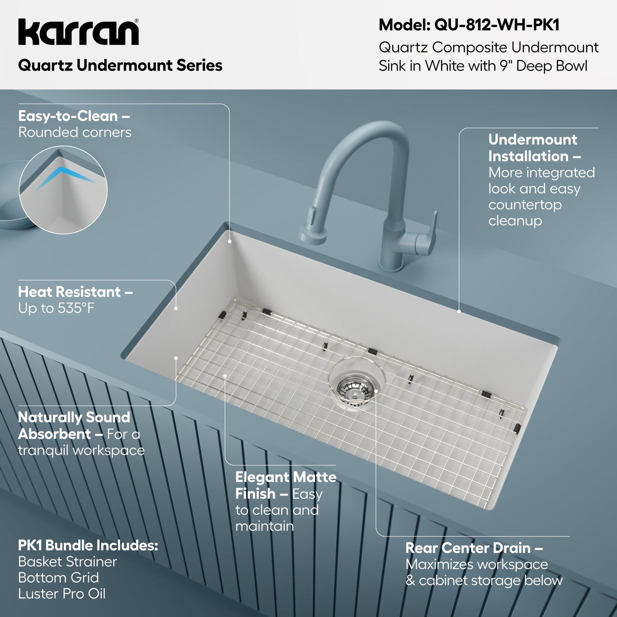 32-3/8" Undermount Large Single Bowl Quartz Composite Kitchen Sink Kit In White