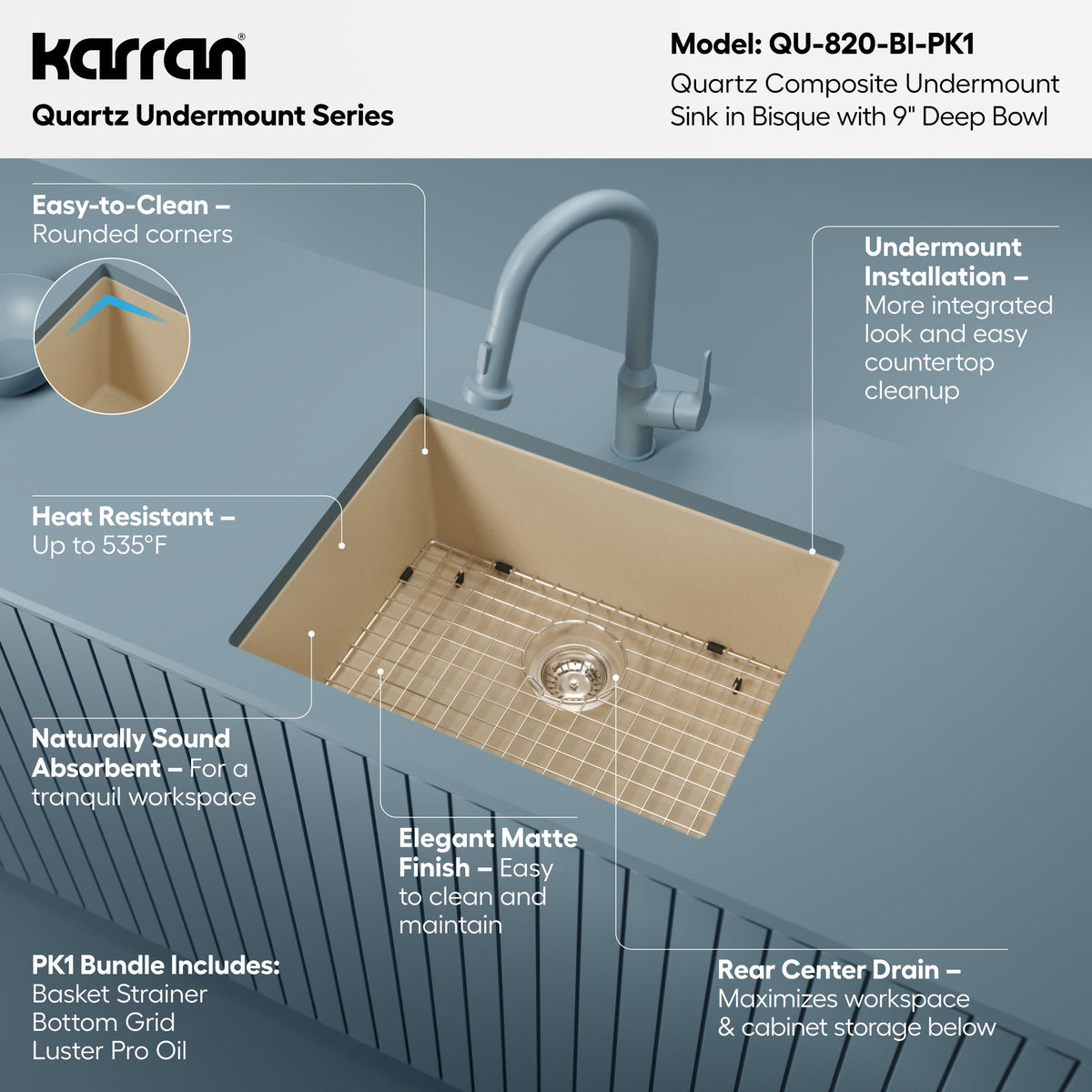24-3/8" Undermount Single Bowl Quartz Composite Kitchen Sink Kit In Bisque