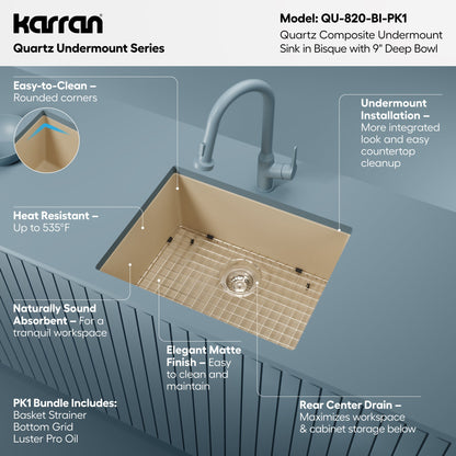 24-3/8" Undermount Single Bowl Quartz Composite Kitchen Sink Kit In Bisque
