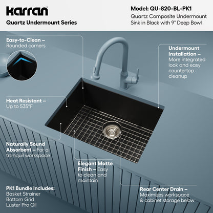 24-3/8" Undermount Single Bowl Quartz Composite Kitchen Sink Kit In Black