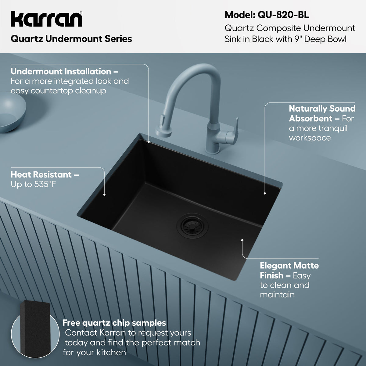 24-3/8" Undermount Single Bowl Quartz Composite Kitchen Sink In Black