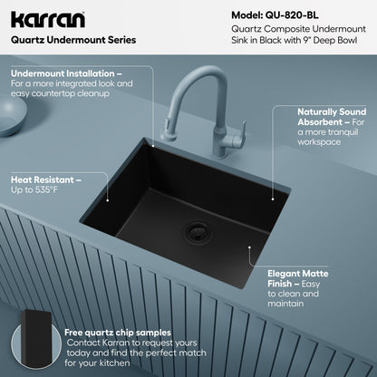24-3/8" Undermount Single Bowl Quartz Composite Kitchen Sink In Black