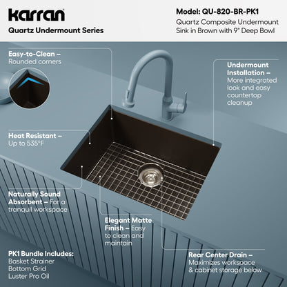 24-3/8" Undermount Single Bowl Quartz Composite Kitchen Sink Kit In Brown