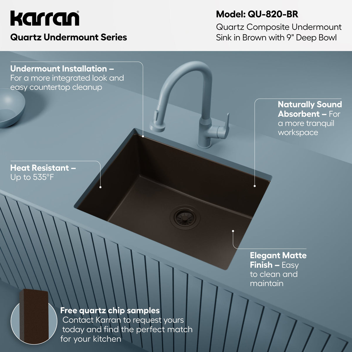 24-3/8" Undermount Single Bowl Quartz Composite Kitchen Sink In Brown