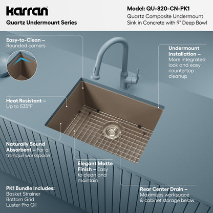 24-3/8" Undermount Single Bowl Quartz Composite Kitchen Sink Kit In Concrete