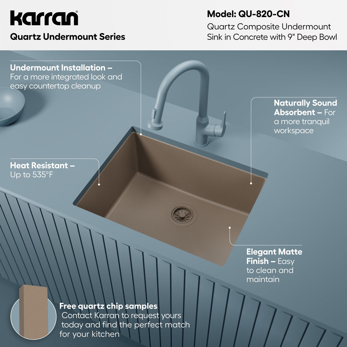 24-3/8" Undermount Single Bowl Quartz Composite Kitchen Sink In Concrete