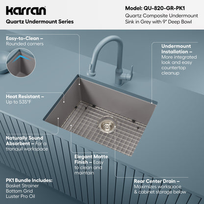 24-3/8" Undermount Single Bowl Quartz Composite Kitchen Sink Kit In Grey