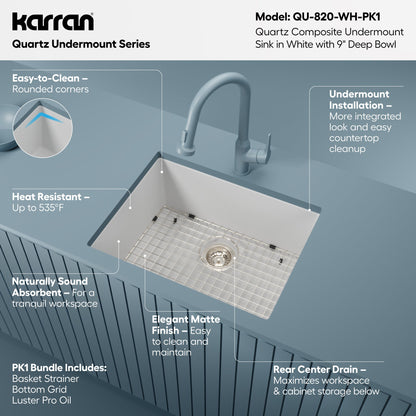 24-3/8" Undermount Single Bowl Quartz Composite Kitchen Sink Kit In White