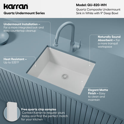 24-3/8" Undermount Single Bowl Quartz Composite Kitchen Sink In White