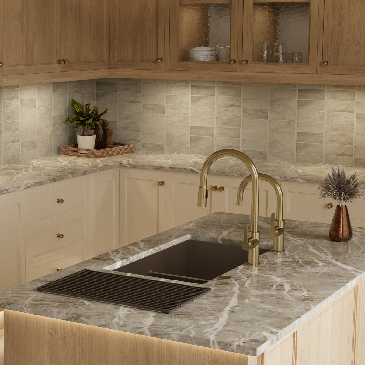 32-3/8" Undermount Double Equal Bowl Granite Kitchen Sink In Brown