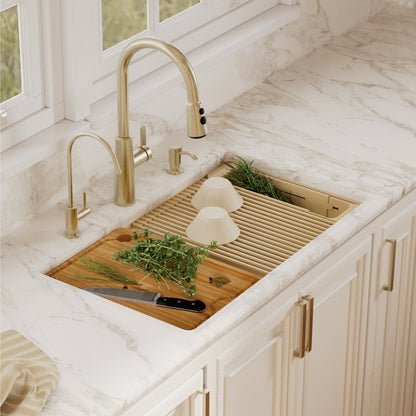32" Undermount Single Bowl Quartz Kitchen Sink Kit In Bisque