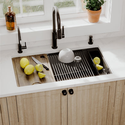 32" Undermount Single Bowl Quartz Kitchen Sink Kit In Black