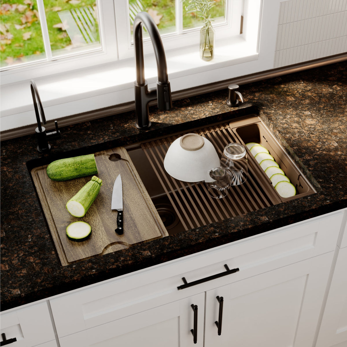 32" Undermount Single Bowl Quartz Kitchen Sink Kit In Brown