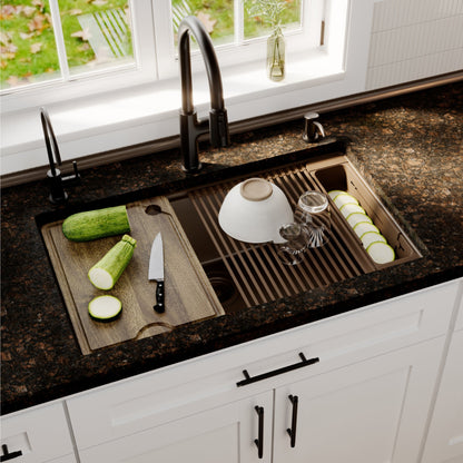 32" Undermount Single Bowl Quartz Kitchen Sink Kit In Brown