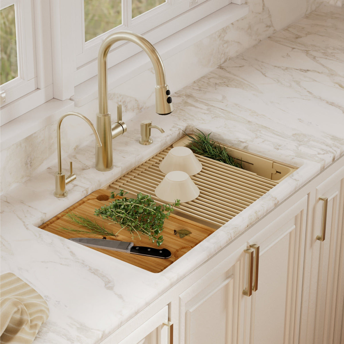 32" Undermount Double Bowl Quartz Kitchen Sink Kit In Bisque