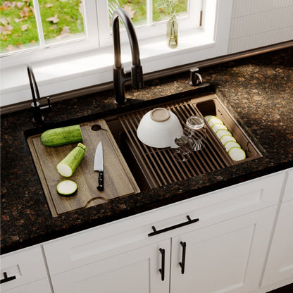 32" Undermount Double Bowl Quartz Kitchen Sink Kit In Brown