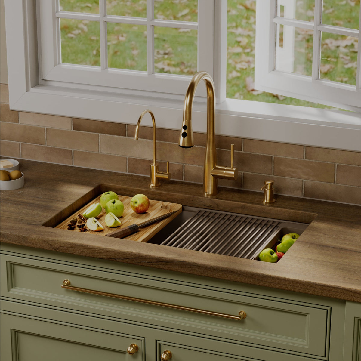 32" Undermount Double Bowl Quartz Kitchen Sink Kit In Concrete