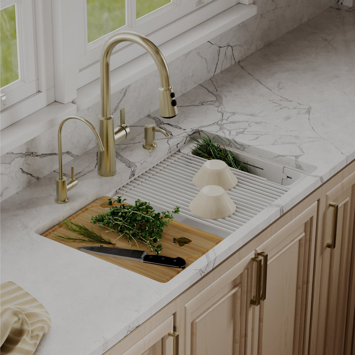 32" Undermount Double Bowl Quartz Kitchen Sink Kit In White