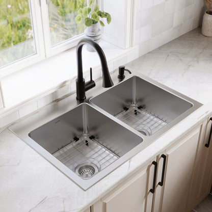 Lansen 33" Top Mount 18 Gauge Double Bowl Stainless Steel Sink with Accessories