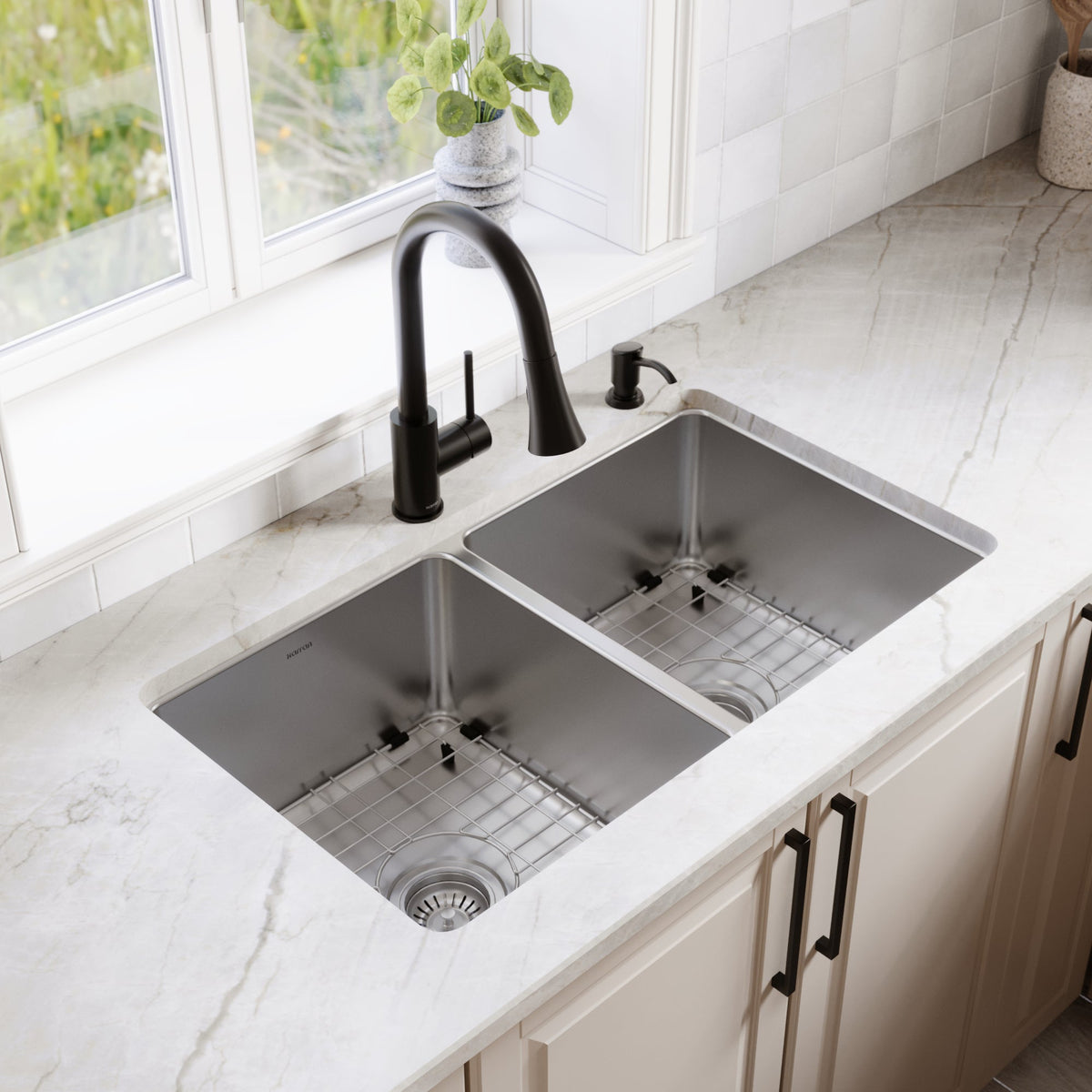 Lansen 32" Undermount 18 Gauge Double Equal Bowl Stainless Steel Sink with Accessories
