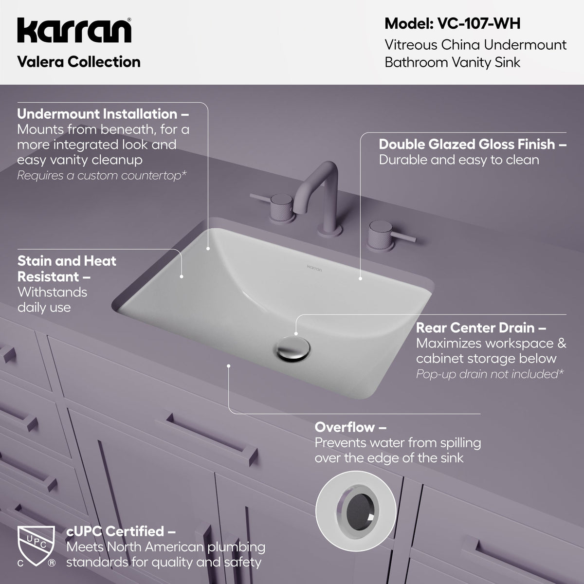 Valera 21" Rectangular Undermount Vitreous China Bathroom Sink In White