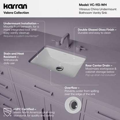 Valera 18" Rectangular Undermount Vitreous China Bathroom Sink In White