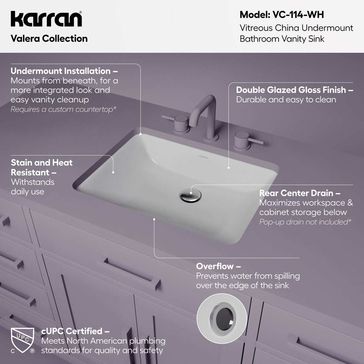 Valera 20" Rectangular Undermount Vitreous China Bathroom Sink In White
