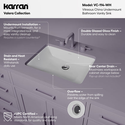 Valera 20" Rectangular Undermount Vitreous China Bathroom Sink In White