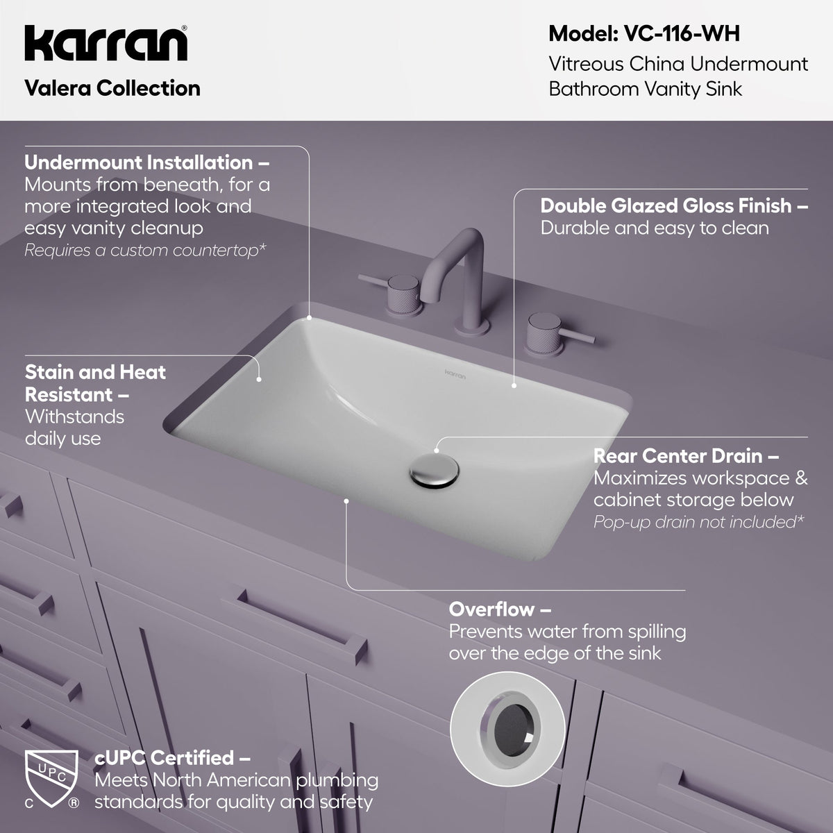 Valera 21" Rectangular Undermount Vitreous China Bathroom Sink In White