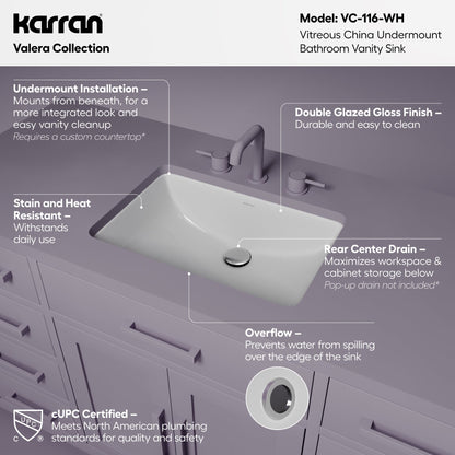 Valera 21" Rectangular Undermount Vitreous China Bathroom Sink In White