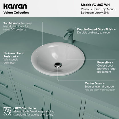 17-3/4" Top Mount Vitreous China Bathroom Sink In White