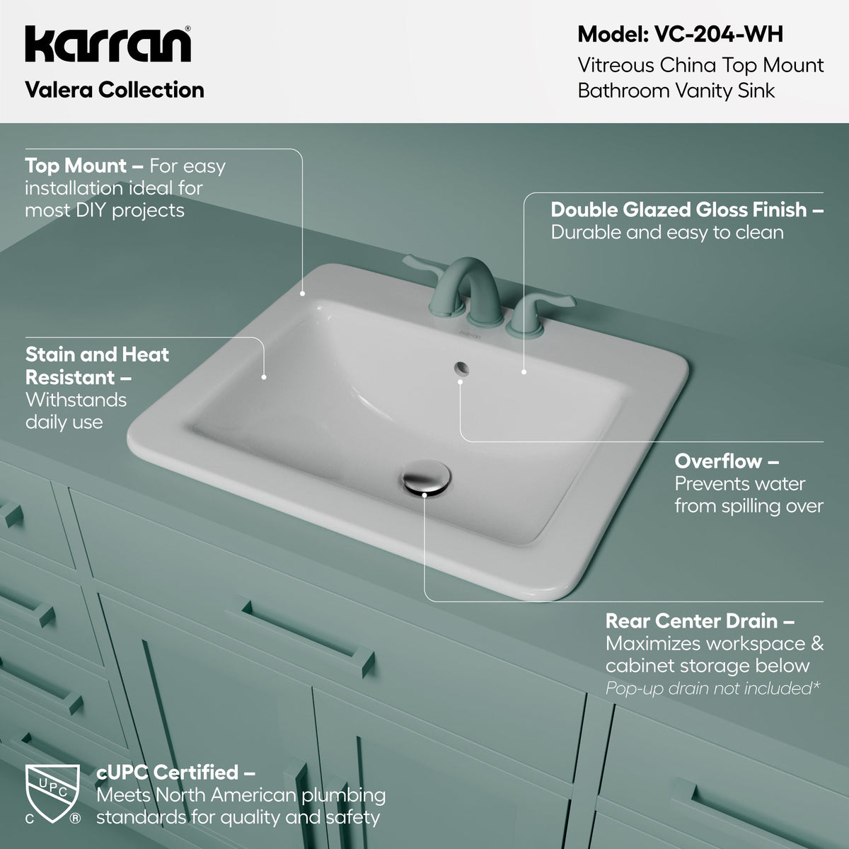 Valera 21" Rectangular Top Mount Vitreous China Bathroom Sink In White