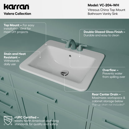 Valera 21" Rectangular Top Mount Vitreous China Bathroom Sink In White