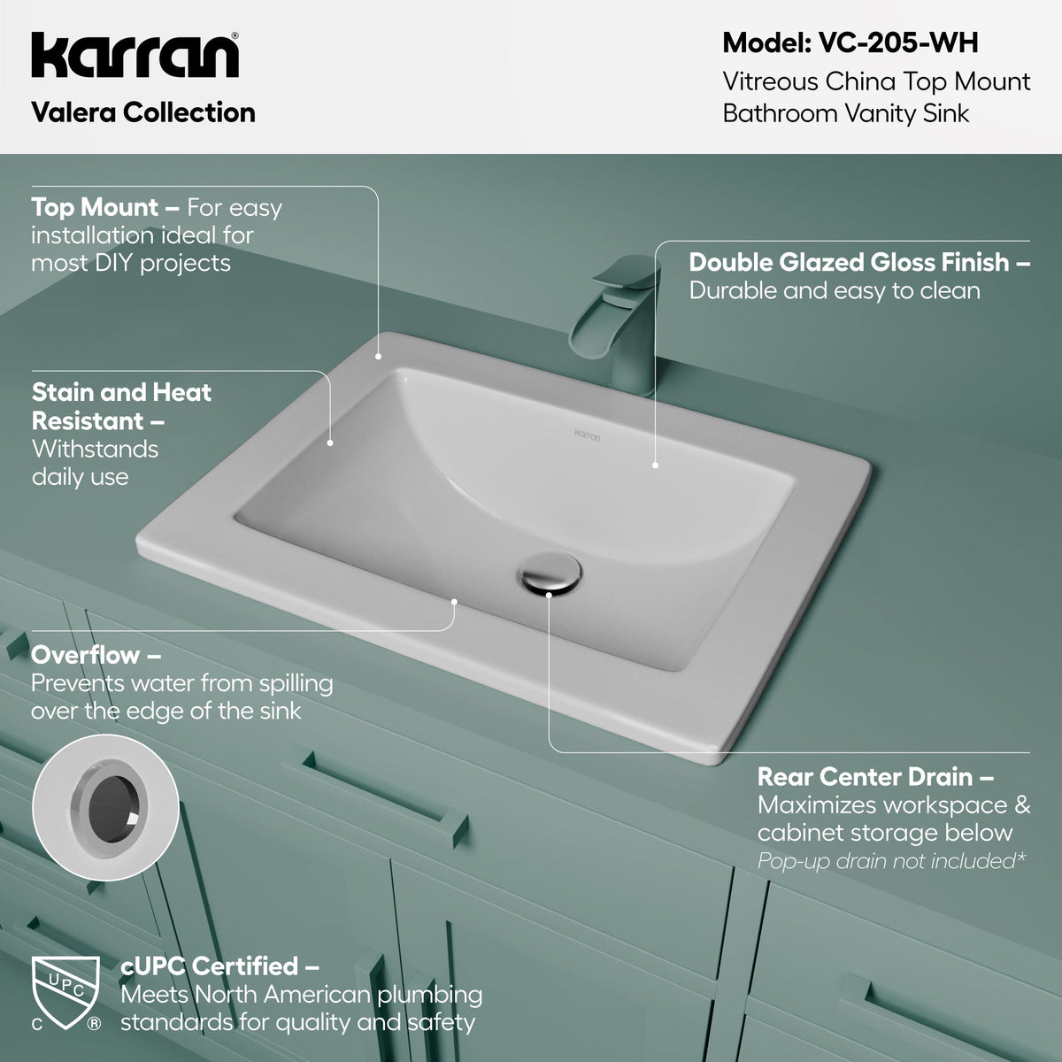 Valera 23" Rectangular Top Mount Vitreous China Bathroom Sink In White