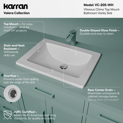 Valera 23" Rectangular Top Mount Vitreous China Bathroom Sink In White