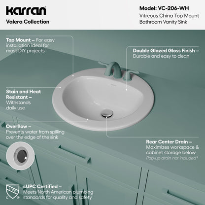 Valera 20" Circular Top Mount Vitreous China Bathroom Sink In White