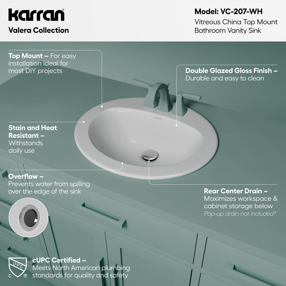 Valera 21" Oval Top Mount Vitreous China Bathroom Sink In White