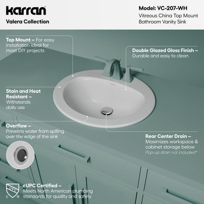 Valera 21" Oval Top Mount Vitreous China Bathroom Sink In White