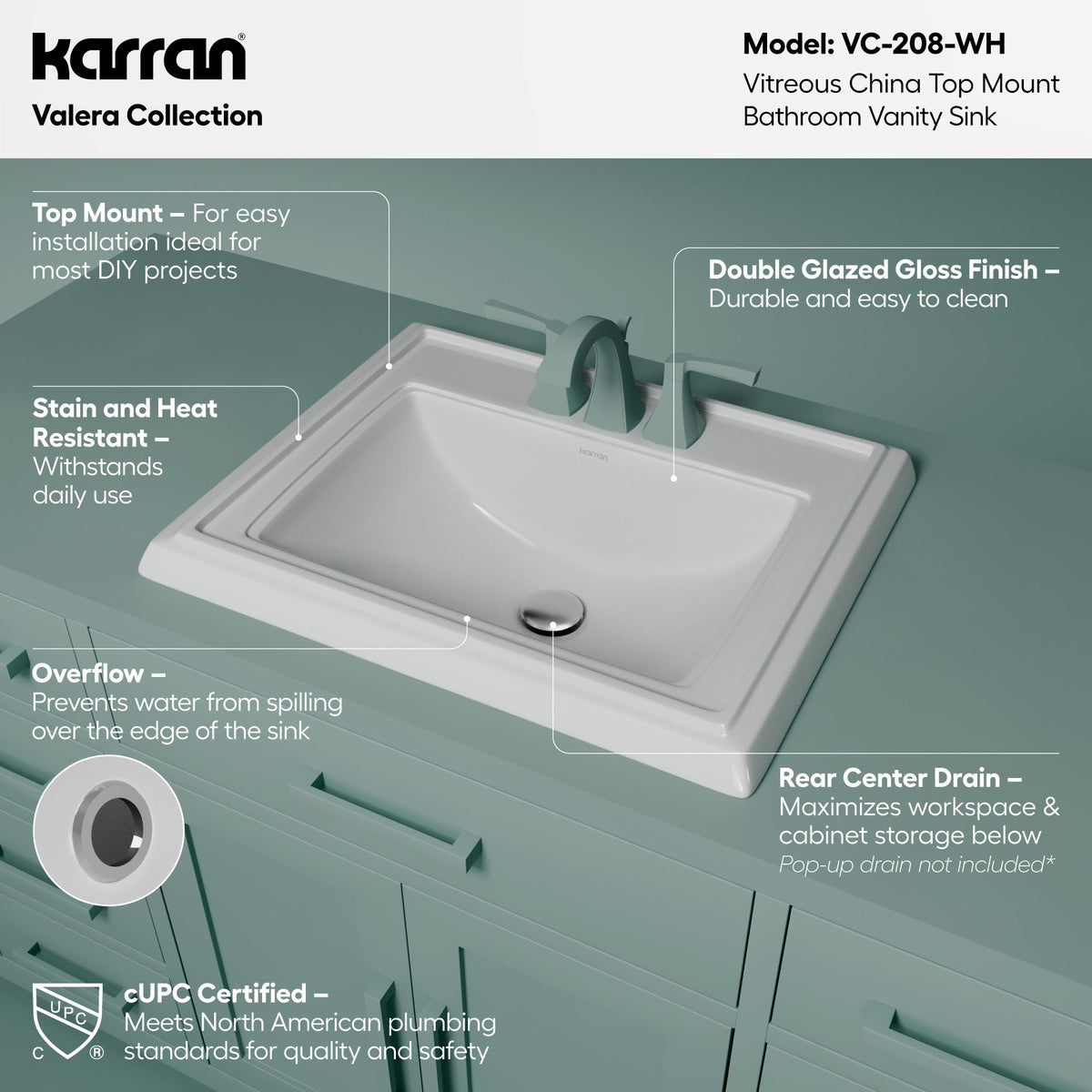 Valera 23" Rectangular Top Mount Vitreous China Bathroom Sink In White
