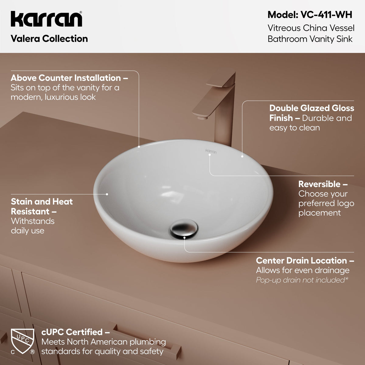 15" Vessel Vitreous China Bathroom Sink In White