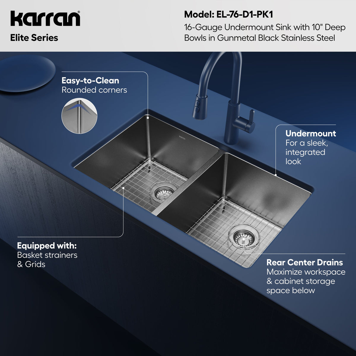 Elite 32" Undermount 16 Gauge Stainless Steel Double Bowl Kitchen Sink In Gunmetal Black