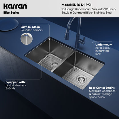 Elite 32" Undermount 16 Gauge Stainless Steel Double Bowl Kitchen Sink In Gunmetal Black