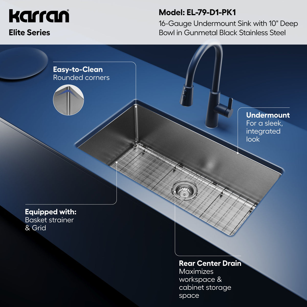 Elite 32" Undermount 16 Gauge Single Bowl Stainless Steel Kitchen Sink In Gunmetal Black