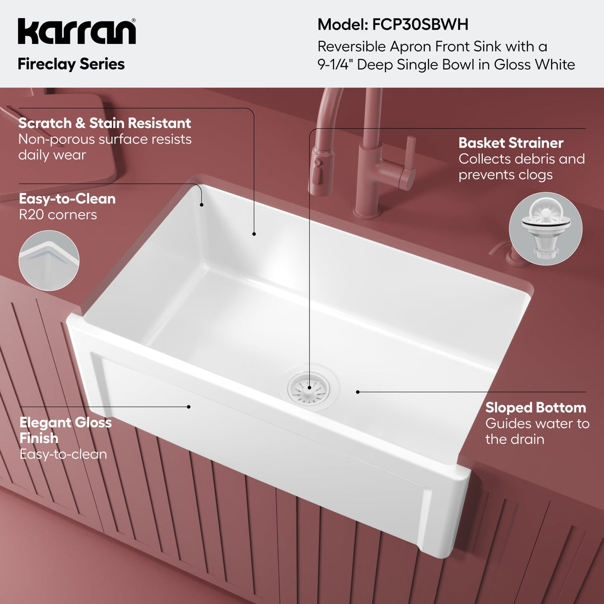 Fireclay 30" Reversible Apron Front Single Bowl Kitchen Sink In White