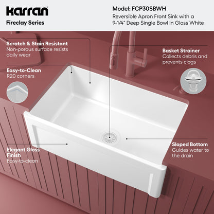 Fireclay 30" Reversible Apron Front Single Bowl Kitchen Sink In White