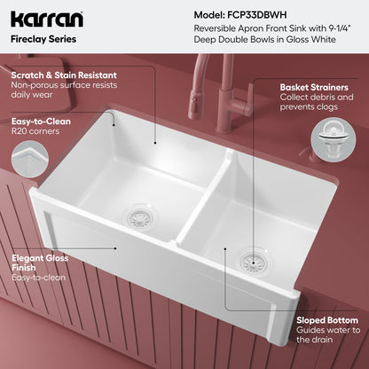 Fireclay 33" Reversible Apron Front Double Bowl Kitchen Sink In White