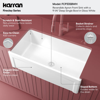 Fireclay 33" Reversible Apron Front Single Bowl Kitchen Sink In White