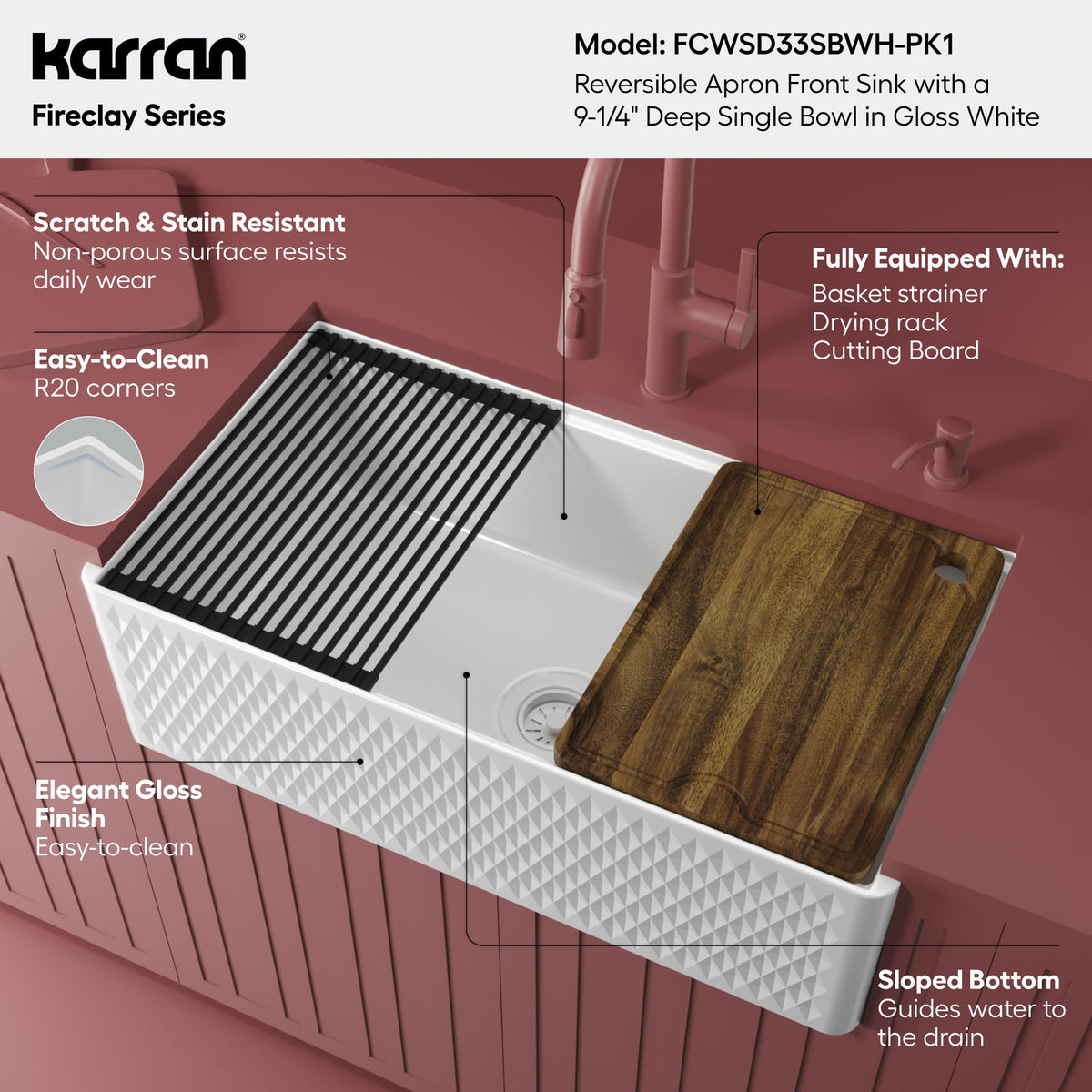 Fireclay 33" Reversible Apron Front Single Bowl Workstation Kitchen Sink In White