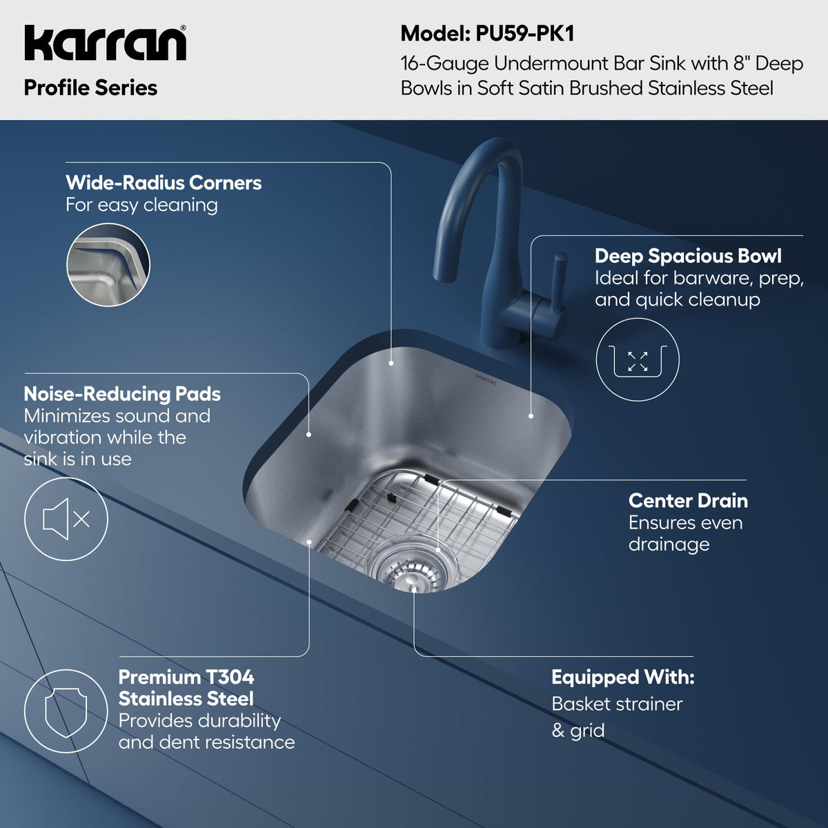 Profile 15" Undermount 16 Gauge Stainless Steel Single Bowl Bar Sink with Accessories