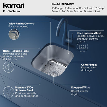 Profile 15" Undermount 16 Gauge Stainless Steel Single Bowl Bar Sink with Accessories